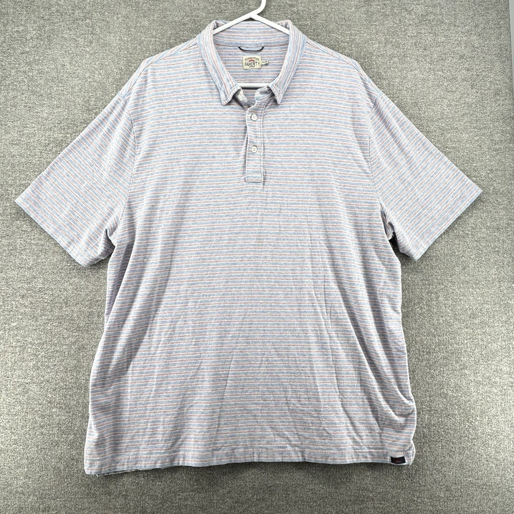 Faherty Polo Shirt Men Size XXL Blue‎ Red Striped Short Sleeve Pima Cotton Blend